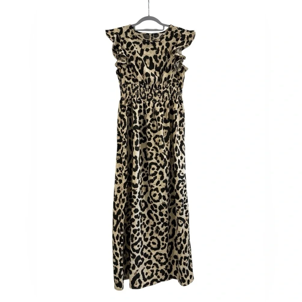 Women’s Animal Print Leopard Black Tan Maxi Long Ruffle Sleeve Dress Medium - Picture 2 of 8